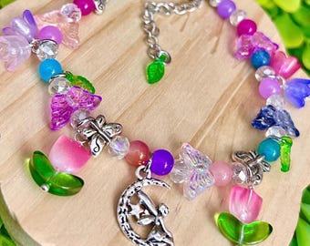 Fairy Moon Charm Bead Bracelet, Flower Bracelet, Charm Bracelet, Fairycore Bracelet, Gift Option, Gift Idea, Cottagecore Jewelry