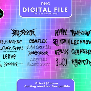 Puede incluir: Archivo digital con varios diseños de texto en negro, incluyendo nombres de bandas y títulos de canciones, sobre un fondo degradado de morado, azul y verde. Compatible con máquinas de corte Cricut y Cameo.