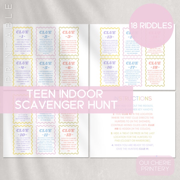 Teen Printable Scavenger Hunt, At Home Adult Scavenger Hunt, Scavenger Hunt Clues, Party Game, Indoor Treasure Hunt Game