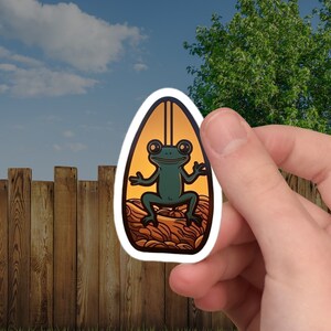 Autocollant de grenouille d’été de planche de surf premium, autocollants pour les amoureux des animaux, autocollants en vinyle de haute qualité, décalcomanie de grenouille de vacances, grenouille de pluie du désert