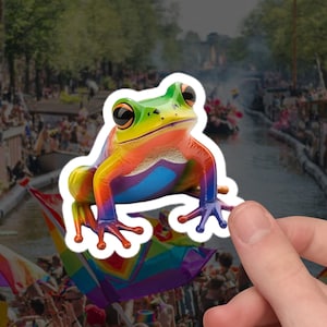 Colorida calcomanía de rana LGBTQ+, linda pegatina de caridad de rana del orgullo, calcomanía de computadora portátil premium, pegatina de rana favorita del orgullo de verano, rana de orgullo sutil