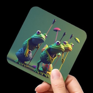 May include: A square coaster with a cartoon illustration of three green frogs, each with a stick and tiny umbrella. The frogs are on a green background. The coaster is held in a hand.