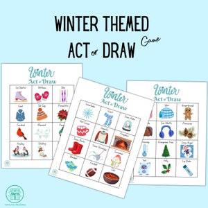 Winter Charades Pictionary-spel, schoolfeestspel, afdrukbare wintersneeuw, acteren, tekenen en raden, direct downloaden, pdf, kindergames