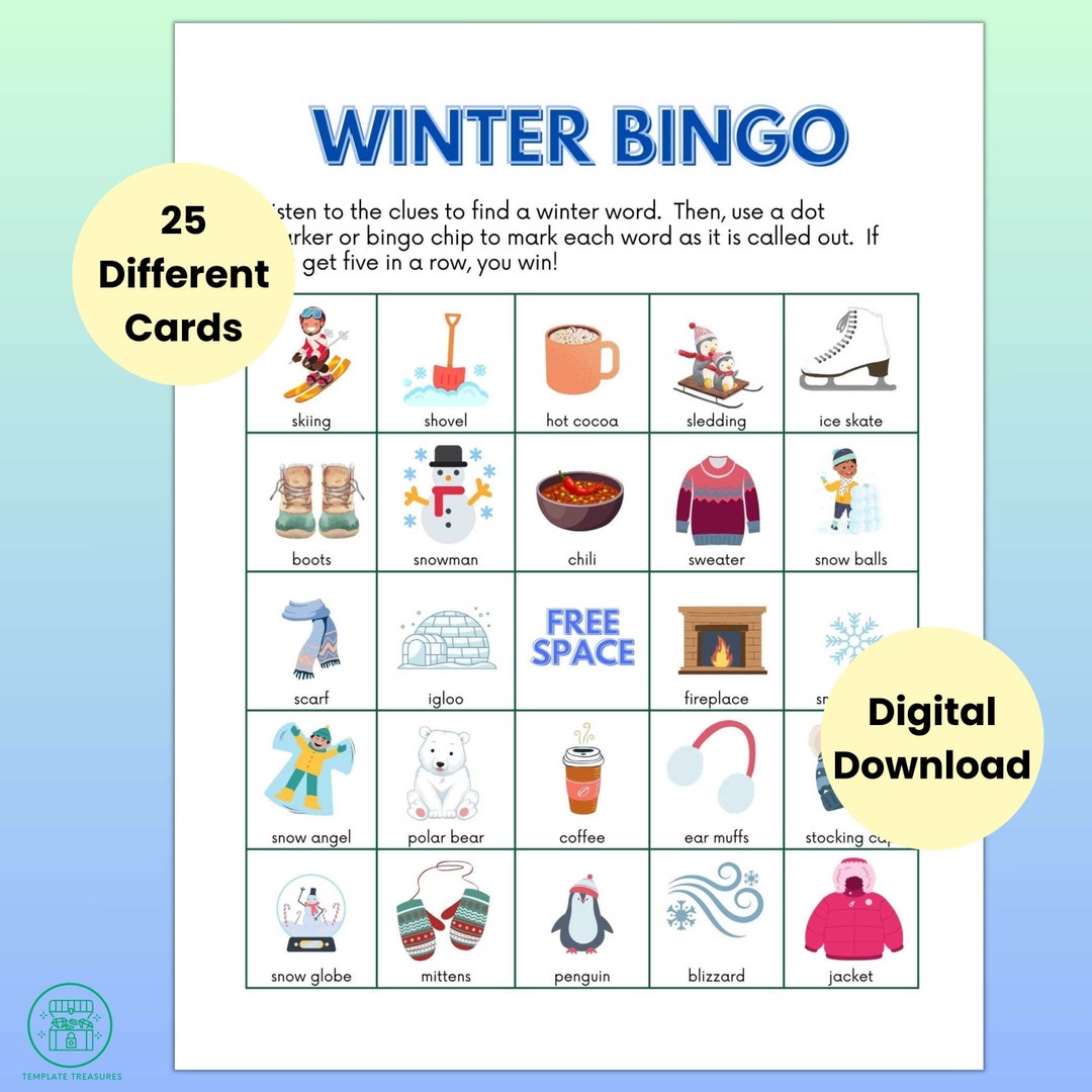 Winter Bingo, Printable Bingo Cards, Winter Activity, Kids Party Game