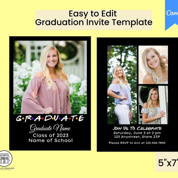 Friends Graduation Announcement Party Template for Canva;  5x7 Grad Party Invite Template, Photo Grad Announcement, Canva template