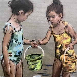Impression de plage de soeurs, art familial, décoration murale océan, oeuvre d'art côtière, cadeau pour les amoureux de la plage, oeuvre d'art d'été, impression liaison soeur, art de la maison de plage