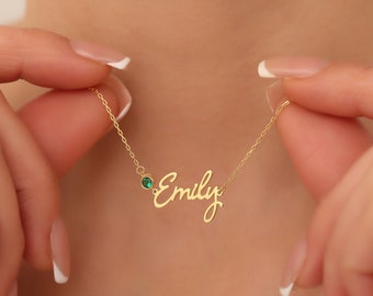 Emerald and Name Necklace, Name Necklace with Birtstone, Birthstone Necklace, Personalized Necklace, 14K Gold Name Necklace, Christmas Gift