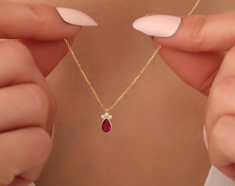 Ruby and diamond necklace, Silver birthstone necklace, Gold birthstone necklace, 14K Gold Diamond Necklace, 14K Gold Teardrop Necklace