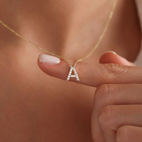14K Gold Initial Necklace, 18K Gold Plated Initial Necklace, Initial Necklace with Diamond Stone, Custom Initial Necklace, Personalized Gift