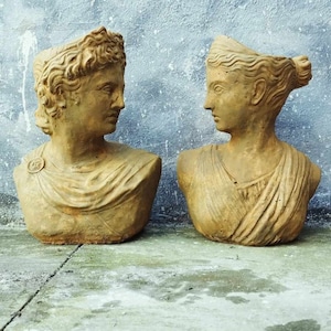 Limestone Athena and Apollo Bust Statue | Lady Greek Goddess Sculpture Stone Garden Mini Flower pot Ornament Art