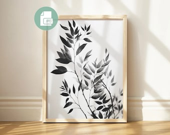 Schwarze und weiße Blätter Wandkunst botanische Druckkunst druckbare Blätter Digital Art Druck minimalistische Tuschemalerei Wandkunst Sofortiger Download