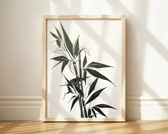 May include: A framed black and white illustration of a bamboo plant with leaves. The illustration is on a white background.