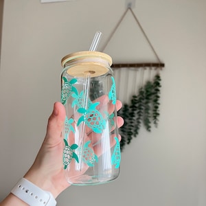 Tropical Sea Turtle Glass Tumbler | Beer Can Glass | Sea Turtle Can Glass |16oz Glass Tumbler | Aesthetic Glass Can| Boho Glass
