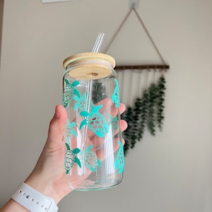 Sea Turtle Glass Tumbler: 16oz Iced Coffee Cup with Bamboo Lid