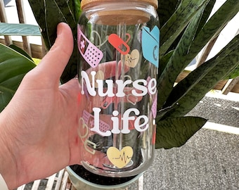 Nurse Life Iced Coffee Glass Tumbler: 16oz Beer Can Design