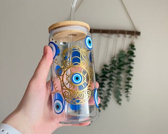 Evil Eye Glass Tumbler: 16oz Iced Coffee Cup with Bamboo Lid & Straw