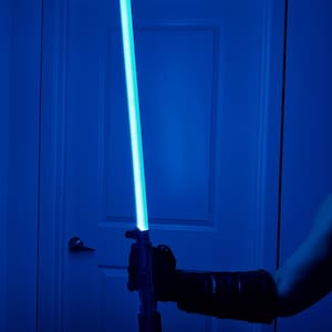 May include: A blue lightsaber with a bright, glowing blue blade is held in a gloved hand. The lightsaber is positioned in front of a white door, creating a dramatic, sci-fi themed image.