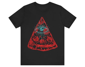 All-Seeing Pizza T-Shirt | Illuminati Graphic Tee - Unique Pizza Lover Shirt | Mystical Eye Symbol Apparel | Unisex Casual Top