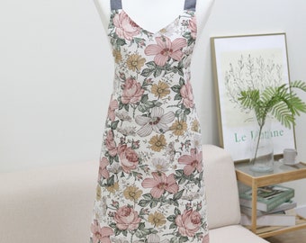 Women’s Floral Linen Apron – Korean Style with Front Pockets