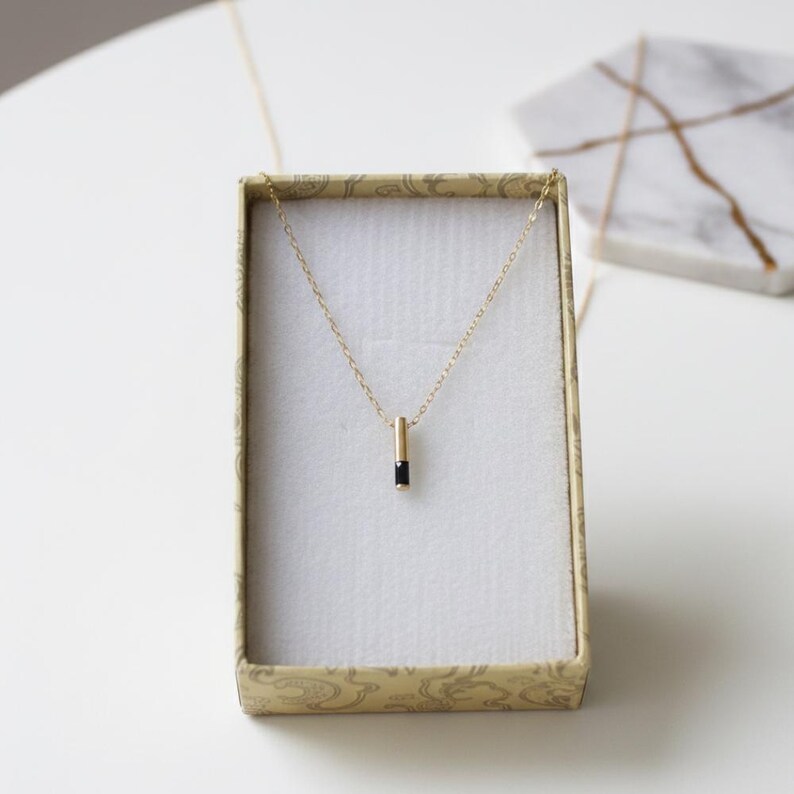 Minimalist 14k Gold Bar Necklace | Clear & Black Pendant image 2