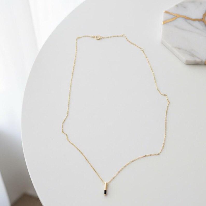 Minimalist 14k Gold Bar Necklace | Clear & Black Pendant image 9