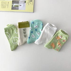 Daily women socks, Mint/light green set, 5-Pack Cute Socks Set, Cozy Animal, Heart & Stripe Designs, Adorable Gift-Ready Packck, holidaygift
