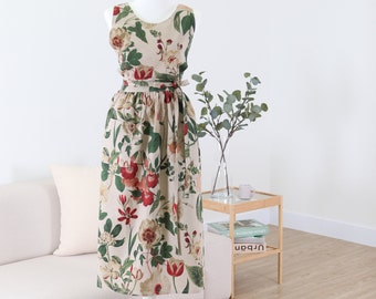 Floral Linen-Cotton Apron Dress, Korean Style, Reversible