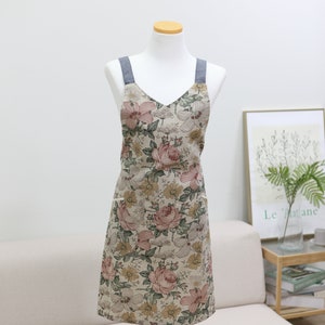 Marshall Flower Linen Apron w/ Frills (Cotton, Linen) Cute Flower Print Linen Apron for Women - Ideal for Culinary & Garden Adventures