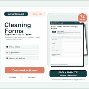 Cleaning Business Forms Bundle, 72 Page Fillable PDF DOCX Templates