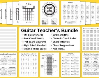 Guitar Printable Diagram Bundle - 144 Guitar Chords, Circle of Fifths, Fretboard Diagram, Scales & More. Great Music Theory Teaching Aid