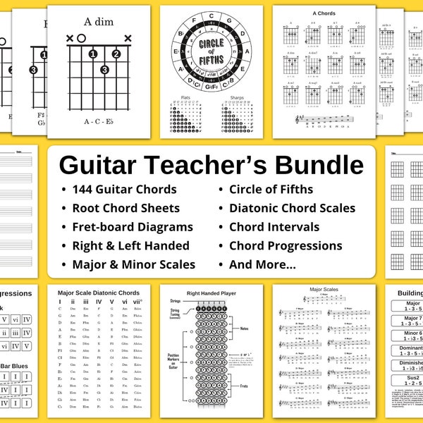 Guitar Printable Diagram Bundle - 144 Guitar Chords, Circle of Fifths, Fretboard Diagram, Scales & More. Great Music Theory Teaching Aid