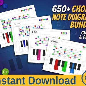 May include: A digital bundle of 650+ chord note diagrams for guitar and piano, featuring multiple white sheets with colorful fretboard and keyboard illustrations. The text reads 650+ CHORD NOTE DIAGRAM BUNDLE GUITAR & PIANO and Instant Download.
