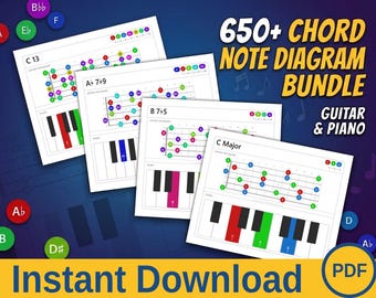 651 Guitar + Piano Chord Chart Printable Diagrams Bundle | Learn Chord Notes, Intervals & Music Theory | Color-Coded PDF Reference