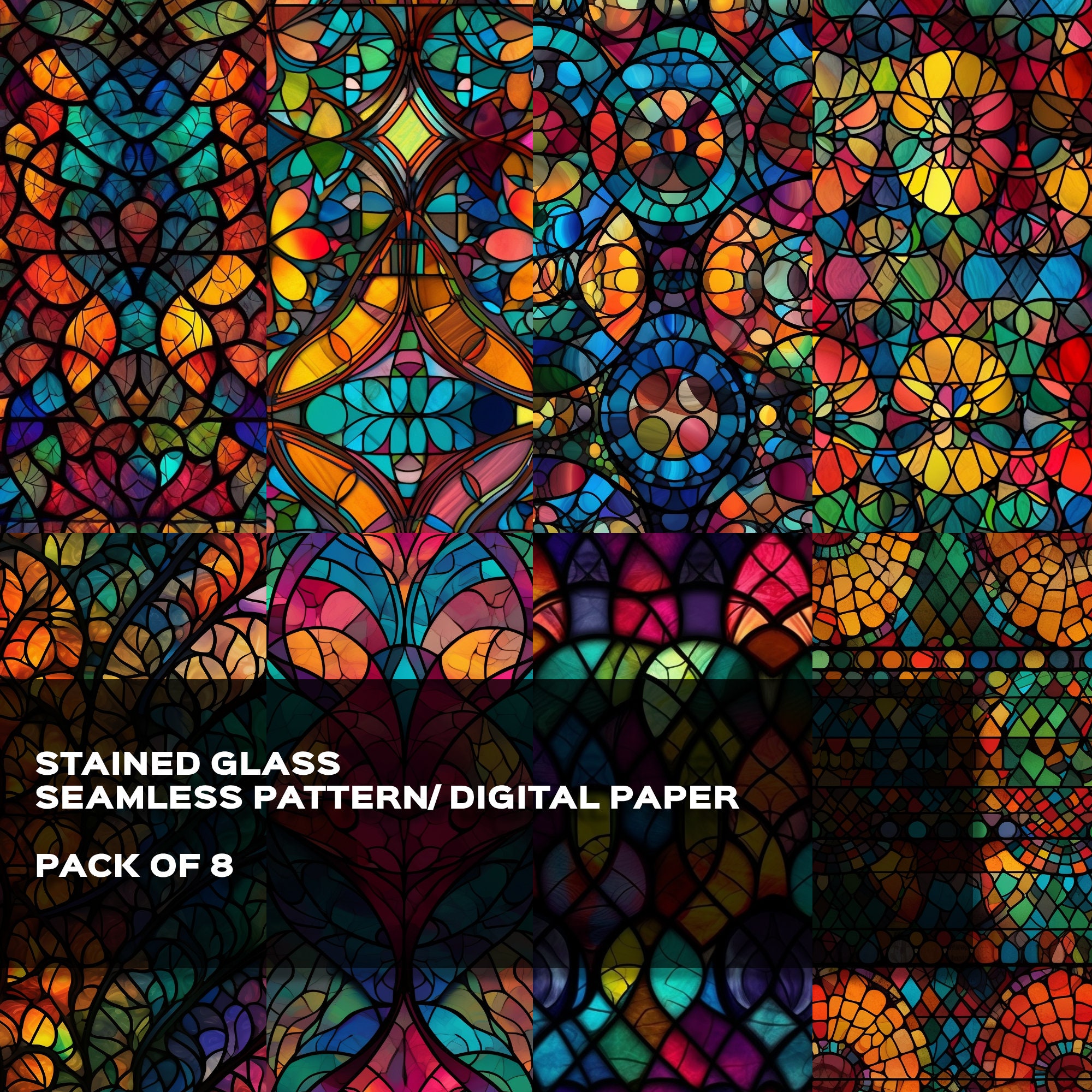 Stained Glass Seamless Pattern Set, Colorful Repeating Designs (digital ...