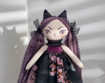 Cat Doll with Purple Eyes (10inch), cat doll, cat lover, heirloom doll, handmade cloth doll, art doll, gothic doll, textile doll, oak doll