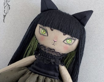 Poupée chat sorcière aux yeux verts, poupée chat, amoureux des chats, poupée d'halloween, poupée en tissu faite main, poupée sorcière, poupée d'art, poupée gothique, poupée en textile