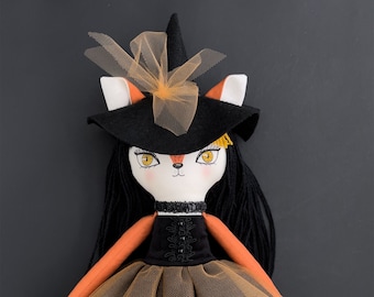 SALE!!! Fox Witch Doll with Yellow Eyes, fox doll, witch doll, halloween doll, handmade cloth doll, fabric doll, art doll, gothic doll