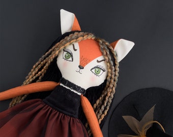 SALE!!! Fox Witch Doll with Green Eyes, fox doll, witch doll, halloween doll, handmade cloth doll, fabric doll, art doll, gothic doll