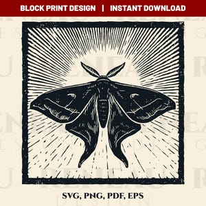 Puede incluir: Ilustración en blanco y negro de una polilla con diseño de rayos de sol, enmarcada en un cuadrado. El texto "BLOCK PRINT DESIGN | INSTANT DOWNLOAD" está en la parte superior y "SVG, PNG, PDF, EPS" en la inferior. Ideal para arte digital e impresión.