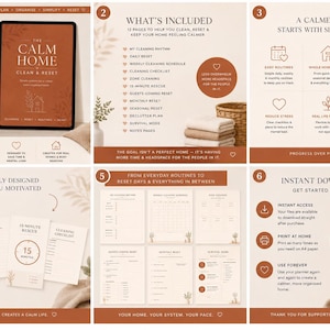Puede incluir: Un conjunto de planificadores digitales para el hogar titulado The Calm Home Clean & Reset, que presenta seis paneles con texto, listas de verificación e iconos. El diseño utiliza una paleta de colores beige y terracota, mostrando páginas imprimibles para rutinas de limpieza, horarios y planes de organización.