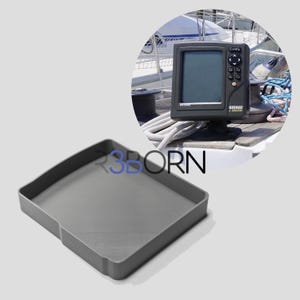 May include: A square, dark gray plastic tray with low, straight walls and a smooth, flat base. The text R3BORN is printed in black and blue above the tray, next to a circular inset showing a Geonav marine GPS unit on a boat deck.