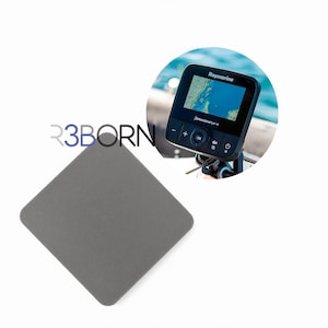 May include: A grey, square-shaped mousepad with rounded corners. A circular image shows a Raymarine Dragonfly-4 GPS device displaying a nautical chart. The device is black with a screen and control buttons. The background is a blurred image of water.
