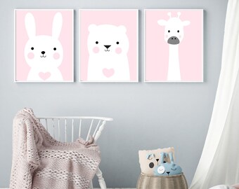 Girl nursery prints baby animals bear rabbit, Nursery wall art animals giraffe rabbit bear, Nursery animal wall art bear rabbit