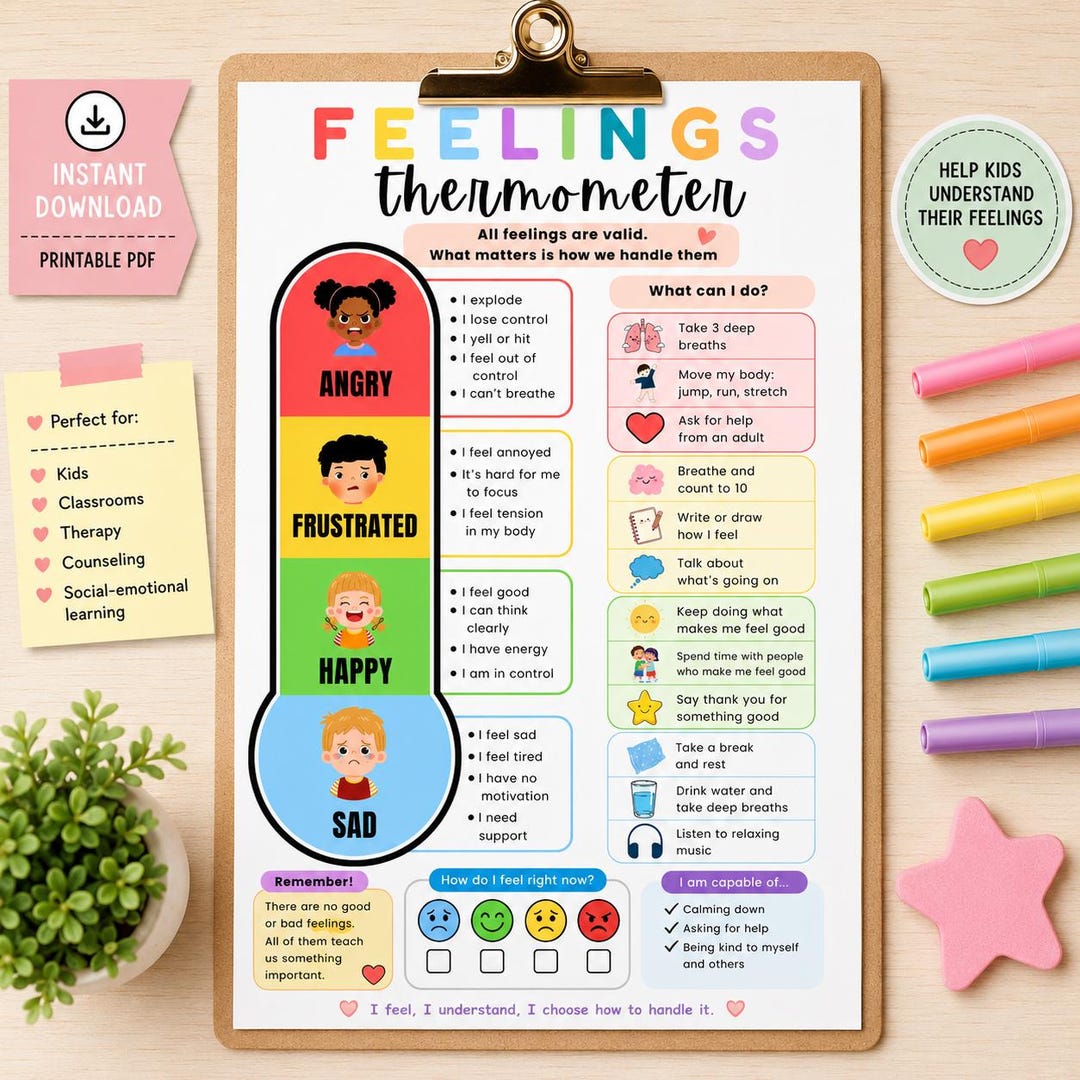 Kids Feelings Thermometer Printable | Emotional Check in Poster ...