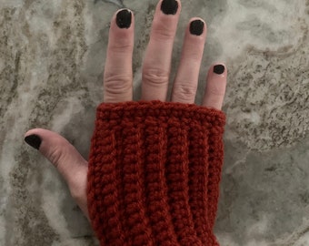 Red fingerless crochet gloves