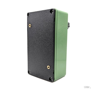 May include: An olive green and black rectangular electronic device with a textured black front panel. It features a side knob and is secured with screws. The text "1590N1 / 125B" is visible.