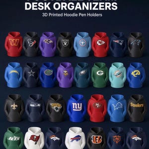 May include: A collection of 3D printed desk organisers shaped like miniature hoodies, each featuring a different professional football team logo. The text at the top reads FOOTBALL TEAM DESK ORGANISERS and 3D Printed Hoodie Pen Holders.