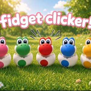 May include: Five colorful dinosaur-like figures emerging from white cracked egg shells, each featuring a distinct color: pink, green, red, blue, and yellow. The text 'fidget clicker!' is displayed in pink letters above the figures.