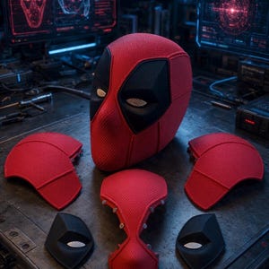 May include: A red and black textured full-head mask with a mesh eye covering, accompanied by several detached red and black armour components including two side plates, two eye sections, and a central nose and mouth piece with visible metal studs.