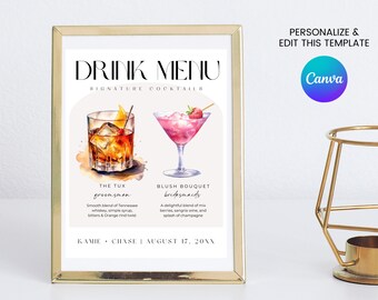 Minimalistyczny podpis na drinka, drukowany znak na drinka na wesele, nowoczesny znak na drinka dla niego i dla niej edytowalny, clipart koktajlowy, akwarela